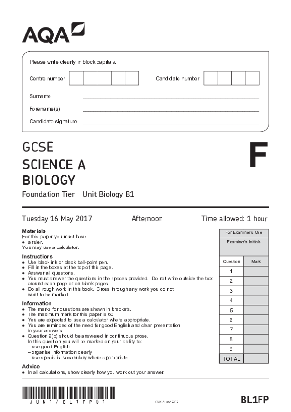 GCSE Science A: Biology, Foundation Tier, Paper B1 - 2017