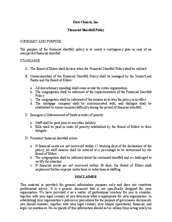 Financial Shortfall Policy