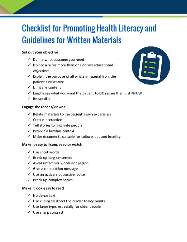 Checklist for Promoting Health Literacy and Guidelines for Written Materials