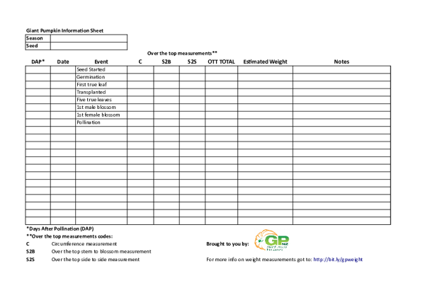 Giant Pumpkin Season Tracking Form