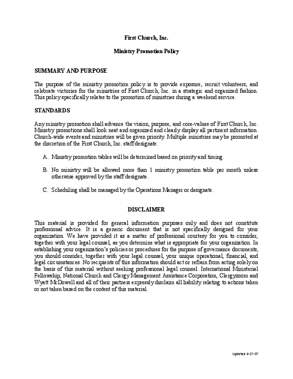 Ministry Promotion Policy