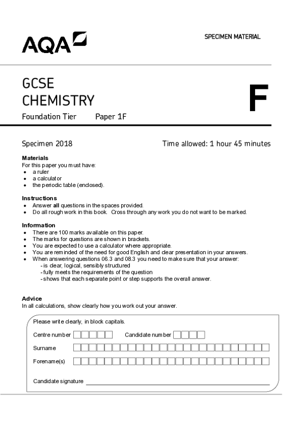 GCSE Chemistry: 1F, Foundation Tier - 2018