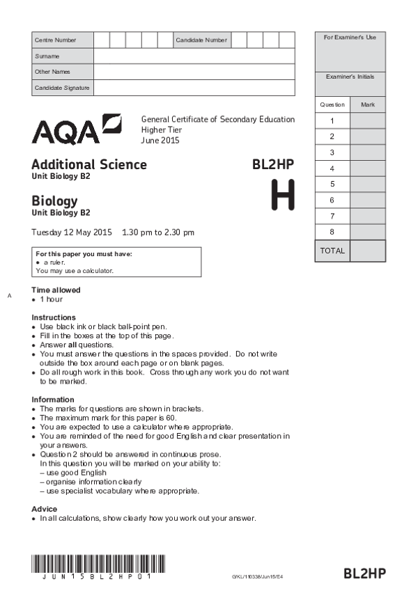 GCSE Additional Science: Biology, Higher Tier, Paper B2 - 2015