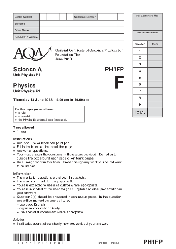 GCSE Science Physics, Foundation Tier, Unit P1 - 2013.pdf