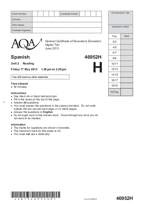 GCSE Spanish, Higher Tier, Unit 2 Reading - 2013.pdf