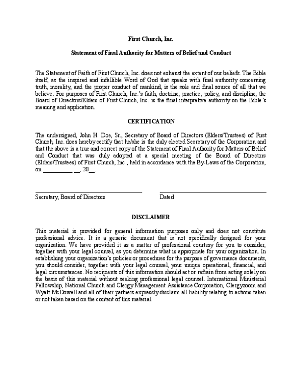 Statement of Final Authority for Matters of Belief and Conduct