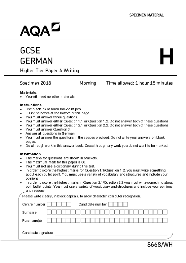GCSE German, Higher Tier, Paper 4 - 2018.pdf