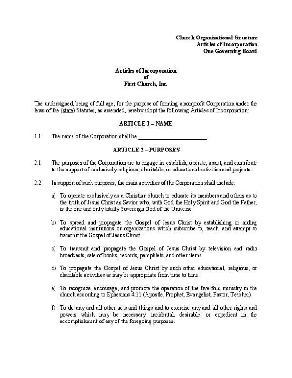 Sample Article of Incorporation - One Governing Board