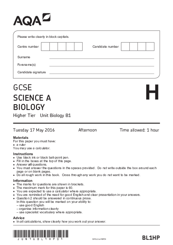 GCSE Science A, Unit Biology B1, Higher Tier, Paper B1 - 2016.pdf