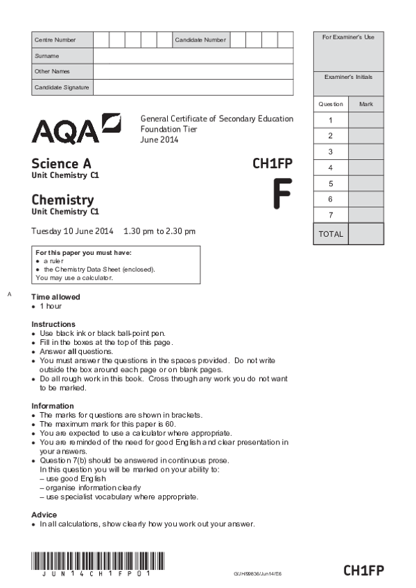 GCSE Science A: Chemistry C1, Foundation Tier - 2014