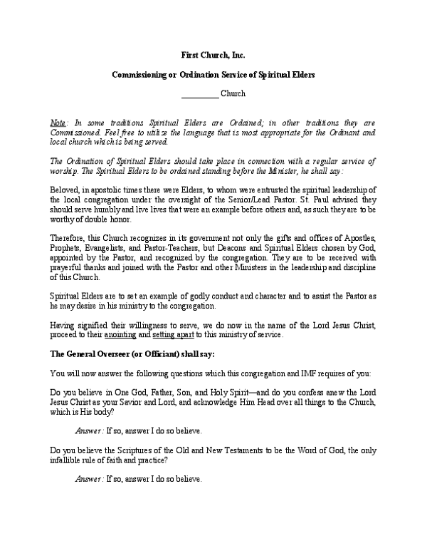 Commissioning or Ordination of Spiritual Elder