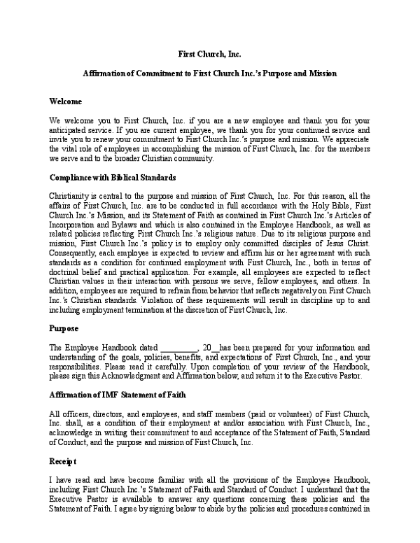 Affirmation of Commitment to Church's Purpose and Mission