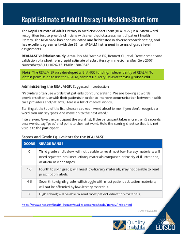 Rapid Estimate of Adult Literacy – Short Form